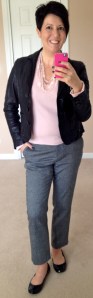 Boden straightleg wool crops, Per Una sweater, Boden leather jacket, Tory Burch Eddies