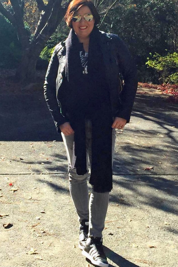 AllSaints leather jacket Zara jeans Adidas Top Ten Flacons