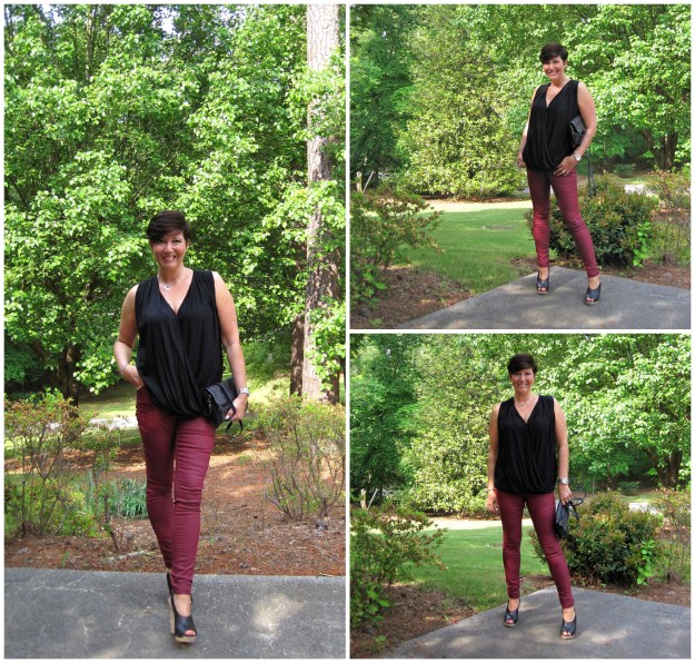 Burgandy coated skinnes and wedges
