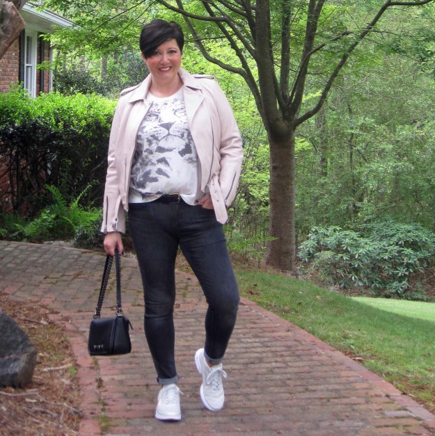 AllSaints leather jacket and Nike Jewell sneakers