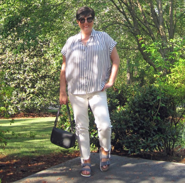 Madewell shirt and birkenstocks